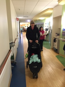 Dana wheels Verity out of the CCU in her brand new stroller!